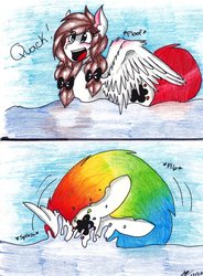 Size: 767x1042 | Tagged: safe, artist:mscolorsplash, oc, oc only, oc:color splash, pegasus, pony, behaving like a duck, comic, cute, pegaduck, solo, traditional art