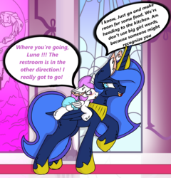 Size: 2000x2082 | Tagged: safe, artist:cuddlelamb, princess celestia, princess luna, g4, age regression, blushing, celestia riding luna, cewestia, dialogue, diaper, female, filly, high res, pink-mane celestia, ponies riding ponies, poofy diaper, riding, younger