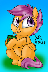 Size: 626x933 | Tagged: safe, artist:ask-miss-awesome-arts, artist:notenoughapples, scootaloo, pegasus, pony, g4, collaboration, cute, cutealoo, female, juice, juice box, solo