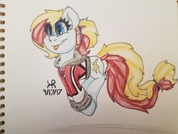 Size: 4032x3024 | Tagged: safe, artist:ask-miss-awesome-arts, oc, oc only, oc:honey wound, earth pony, pony, pronking, raspberry, smiling, solo, tongue out, traditional art
