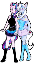 Size: 1823x3459 | Tagged: safe, artist:mscolorsplash, starlight glimmer, trixie, unicorn, anthro, plantigrade anthro, g4, female, holding hands, lesbian, mare, ship:startrix, shipping, traditional art