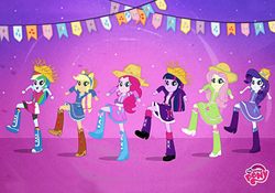 Size: 1000x700 | Tagged: safe, applejack, fluttershy, pinkie pie, rainbow dash, rarity, twilight sparkle, equestria girls, g4, alternate clothes, boots, cowboy boots, farm hat, hat, helping twilight win the crown, high heel boots, humane five, humane six, my little pony logo, raised leg, shoes, stomping, straw hat, translated in the comments, twilight sparkle (alicorn)
