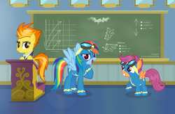 Size: 4011x2638 | Tagged: safe, artist:shutterflyeqd, rainbow dash, scootaloo, spitfire, pegasus, pony, g4, chalkboard, clothes, female, filly, goggles, looking at you, mare, scootalove, smiling, uniform, wonderbolt scootaloo, wonderbolts uniform
