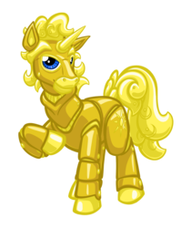 Size: 1677x2000 | Tagged: safe, artist:texasuberalles, derpibooru exclusive, oc, oc only, oc:golden folly, golem, pony, robot, unicorn, 2018 community collab, derpibooru community collaboration, looking at you, raised hoof, simple background, solo, transparent background