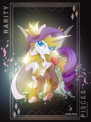 Size: 3161x4200 | Tagged: safe, artist:zidanemina, rarity, pony, unicorn, g4, armor, armorarity, crossover, female, flower, flower in mouth, gold cloth, gold saint, helmet, high res, mare, mouth hold, pisces, rose, rose in mouth, saint seiya, smiling, solo, zodiac