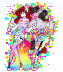 Size: 3094x3534 | Tagged: safe, artist:mscolorsplash, oc, oc only, oc:color splash, bat pony, pegasus, anthro, plantigrade anthro, bat pony oc, clothes, duo, high res, open mouth, simple background, traditional art, transparent background