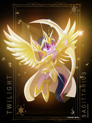 Size: 3161x4200 | Tagged: safe, artist:zidanemina, twilight sparkle, alicorn, pony, g4, archer, archery, armor, arrow, bow (weapon), cloak, clothes, crossover, female, gold cloth, gold saint, gritted teeth, high res, mare, sagittarius, saint seiya, solo, twilight sparkle (alicorn), zodiac