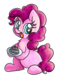 Size: 1024x1362 | Tagged: safe, artist:lbrcloud, pinkie pie, earth pony, pony, g4, cake, chest fluff, cute, diapinkes, ear fluff, female, food, hoof hold, looking at you, mare, open mouth, plate, ponk, rock, simple background, sitting, smiling, solo, white background