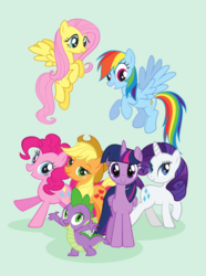 Size: 946x1274 | Tagged: safe, applejack, fluttershy, pinkie pie, rainbow dash, rarity, spike, twilight sparkle, alicorn, dragon, earth pony, pegasus, pony, unicorn, g4, female, flying, mane seven, mane six, mare, open mouth, raised hoof, smiling, standing, stock vector, twilight sparkle (alicorn)