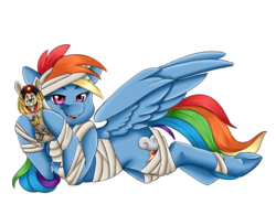 Size: 1280x948 | Tagged: safe, artist:crecious, rainbow dash, pegasus, pony, g4, female, looking at you, mare, multicolored hair, mummy, prone, simple background, smiling, solo, transparent background