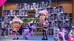 Size: 1280x714 | Tagged: safe, screencap, twilight sparkle, alicorn, elf, pony, g4, 3d, christmas, commercial, elf ears, female, holiday, irl, liverpool, photo, robotwi, toy, twilight sparkle (alicorn)
