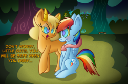 Size: 1150x760 | Tagged: safe, artist:snakeythingy, rainbow dash, oc, oc:kaa'lin, pegasus, pony, g4, blushing, dialogue, everfree forest, happy trance, hypno dash, hypnosis, hypnotized, implied arousal, kaa eyes, looking at each other, request, seduction, story included, this might end in snu-snu, trance