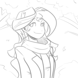 Size: 500x500 | Tagged: dead source, safe, artist:reiduran, sunset shimmer, equestria girls, g4, clothes, fanfic art, female, grayscale, lineart, looking at you, monochrome, scarf, smiling, solo