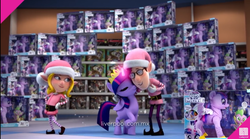 Size: 1280x714 | Tagged: safe, twilight sparkle, alicorn, elf, pony, g4, 3d, brony, christmas, commercial, elf ears, female, holiday, hug, irl, liverpool, photo, robotwi, toy, twilight sparkle (alicorn)