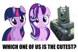 Size: 1100x730 | Tagged: safe, starlight glimmer, twilight sparkle, g4, comparison, kv-2, meme, soviet union, war thunder, which one of us is the cutest