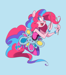 Size: 1100x1250 | Tagged: safe, artist:xenon, pinkie pie, equestria girls, g4, my little pony equestria girls: rainbow rocks, blue background, blushing, clothes, dress, drumsticks, eared humanization, female, jumping, open mouth, pantyhose, simple background, smiling, solo, tailed humanization