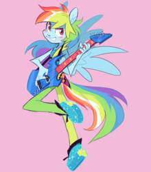 Size: 1100x1250 | Tagged: safe, artist:xenon, part of a set, rainbow dash, equestria girls, g4, my little pony equestria girls: rainbow rocks, blushing, clothes, dress, electric guitar, female, guitar, looking at you, musical instrument, pink background, ponied up, pony ears, shoes, simple background, smiling, solo, spread wings, wings