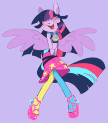 Size: 1100x1250 | Tagged: safe, artist:xenon, twilight sparkle, equestria girls, g4, my little pony equestria girls: rainbow rocks, clothes, dress, eared humanization, eyes closed, female, microphone, open mouth, ponied up, purple background, shoes, simple background, smiling, solo, spread wings, tailed humanization, twilight sparkle (alicorn), winged humanization, wings