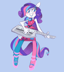 Size: 1100x1250 | Tagged: safe, artist:xenon, rarity, equestria girls, g4, my little pony equestria girls: rainbow rocks, blue background, blushing, clothes, dress, eared humanization, female, humanized, keytar, musical instrument, nail polish, ponied up, shoes, simple background, smiling, solo