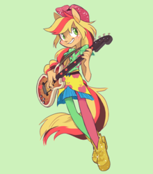 Size: 1100x1250 | Tagged: safe, artist:xenon, applejack, equestria girls, g4, my little pony equestria girls: rainbow rocks, bass guitar, blushing, clothes, cowboy hat, dress, eared humanization, female, freckles, hat, musical instrument, ponied up, shoes, simple background, smiling, solo, stetson, tailed humanization