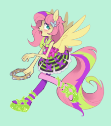 Size: 1100x1250 | Tagged: safe, artist:xenon, fluttershy, equestria girls, g4, my little pony equestria girls: rainbow rocks, blushing, clothes, dress, eared humanization, eyeshadow, female, looking at you, makeup, musical instrument, open mouth, ponied up, shoes, simple background, smiling, solo, spread wings, tailed humanization, tambourine, winged humanization, wings