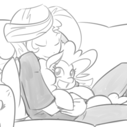 Size: 500x500 | Tagged: dead source, safe, artist:reiduran, pinkie pie, sunset shimmer, pony, equestria girls, g4, breasts, clothes, couch, eyes closed, female, grayscale, holding a pony, hug, interspecies, lesbian, looking at you, mare, monochrome, open mouth, pinkie loves bacon bits, ship:sunsetpie, shipping, smiling, snuggling