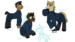 Size: 3200x1800 | Tagged: safe, artist:pony quarantine, pony, :p, clothes, mouth hold, olga (horse), police, regal (horse), tongue out, upstart (horse), warpone