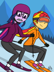 Size: 1200x1600 | Tagged: safe, artist:djgames, sci-twi, sunset shimmer, twilight sparkle, equestria girls, g4, clothes, glasses, goggles, helmet, pants, scared, skiing, snow