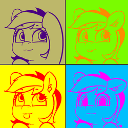 Size: 1500x1500 | Tagged: safe, artist:pabbley, edit, rainbow dash, pegasus, pony, g4, 30 minute art challenge, :3, :p, andy warhol, color porn, cute, dashabetes, ear fluff, eyestrain warning, female, floppy ears, looking at you, looking up, loss (meme), mare, meme, modern art, needs more saturation, pop art, silly, silly pony, simple background, smiling, solo, tongue out