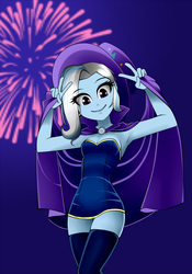 Size: 1050x1500 | Tagged: safe, artist:nekojackun, trixie, equestria girls, g4, adorasexy, armpits, bare shoulders, breasts, cape, cleavage, clothes, cute, dress, female, fireworks, hat, looking at you, night, peace sign, sexy, short dress, sleeveless, smiling, solo, starry eyes, stockings, strapless, stupid sexy trixie, thigh highs, thigh socks, trixie's cape, trixie's hat, wingding eyes