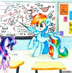 Size: 1052x1059 | Tagged: safe, artist:liaaqila, rainbow dash, twilight sparkle, alicorn, pegasus, pony, g4, descriptive noise, difficult, duo, duo female, fancy mathematics, female, mare, math, open mouth, raised hoof, school, teacher, teaching, traditional art, twilight sparkle (alicorn), whiteboard, wing hands, wing hold