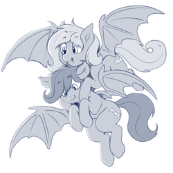 Size: 2000x2000 | Tagged: safe, artist:dimfann, oc, oc only, oc:angel tears, oc:speck, bat pony, bat pony oc, cute, duo, female, flying, high res, looking down, mare, monochrome, mother and daughter, simple background, smiling, spread wings, white background, wings