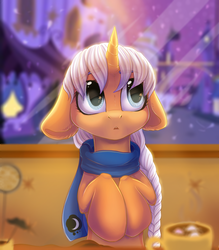 Size: 934x1065 | Tagged: dead source, safe, artist:freckleplant, oc, oc only, pony, unicorn, blue eyes, braid, clothes, commission, cute, ear fluff, floppy ears, open mouth, orange coat, scarf, solo, starry eyes, white mane, wingding eyes, ych result