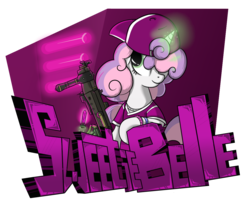 Size: 1150x920 | Tagged: safe, artist:hc0, sweetie belle, pony, unicorn, g4, automatic rifle, backwards ballcap, baseball cap, cap, crystal, female, filly, hat, magic, solo, sweetie belle's magic brings a great big smile, weapon