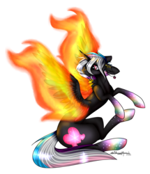 Size: 903x1049 | Tagged: safe, artist:ohflaming-rainbow, oc, oc only, oc:flaming rainbow, alicorn, pony, female, fire, mare, simple background, sitting, solo, transparent background