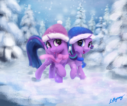 Size: 900x750 | Tagged: safe, artist:lollipony, starlight glimmer, twilight sparkle, alicorn, pony, unicorn, g4, beanie, clothes, cute, digital art, duo, duo female, female, fir tree, hat, looking at you, mare, open mouth, raised hoof, scarf, scenery, signature, smiling, snow, snowfall, stocking cap, tongue out, tree, trotting, twiabetes, twilight sparkle (alicorn), winter