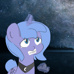 Size: 1600x1600 | Tagged: safe, artist:c0pter, princess luna, pony, g4, crying, cute, female, filly, hug request, lunabetes, mouth hold, night, sad, sign, solo, starry night, stars, woona, younger