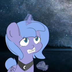 Size: 1600x1600 | Tagged: safe, artist:c0pter, princess luna, pony, g4, crying, cute, female, filly, hug request, lunabetes, mouth hold, night, sad, sign, solo, stars, woona, younger