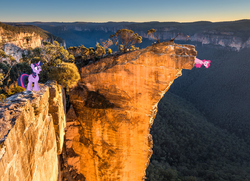 Size: 978x709 | Tagged: safe, artist:didgereethebrony, pinkie pie, twilight sparkle, alicorn, pony, g4, australia, blue mountains, cliff, cliff face, in which pinkie pie forgets how to gravity, irl, photo, pinkie being pinkie, pinkie physics, ponies in real life, twilight sparkle (alicorn), valley
