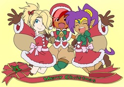 Size: 1280x900 | Tagged: safe, artist:linedraweer, oc, oc:collar bound, genie, human, equestria girls, g4, barely pony related, bell, christmas, clothes, crossover, ear piercing, earring, gloves, happy, hat, holiday, holly, hug, humanized, jewelry, mercy, merry christmas, overwatch, piercing, ponytail, ribbon, sack, santa hat, santa sack, shantae, shantae (character), video game