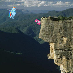 Size: 793x794 | Tagged: safe, artist:didgereethebrony, pinkie pie, rainbow dash, g4, australia, blue mountains, in which pinkie pie forgets how to gravity, irl, kanangra boyd national park, photo, pinkie being pinkie, pinkie physics, ponies in real life
