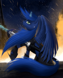 Size: 2610x3239 | Tagged: safe, artist:dezdark, princess luna, pony, g4, clothes, female, fire, high res, looking at you, mare, new lunar republic, night, night sky, sky, solo, sword, weapon