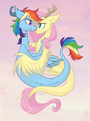 Size: 900x1212 | Tagged: dead source, safe, artist:flourret, fluttershy, rainbow dash, dragon, feathered dragon, g4, antlers, chest fluff, dragoness, dragonified, duo, ear fluff, female, flutterdragon, gradient background, lesbian, looking at each other, pink background, rainbow dragon, ship:flutterdash, shipping, simple background, smiling, species swap