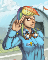 Size: 960x1200 | Tagged: safe, artist:lexx2dot0, rainbow dash, human, g4, clothes, female, goggles, humanized, looking at you, multicolored hair, salute, smiling, solo