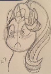 Size: 1280x1839 | Tagged: safe, artist:ashartsathing, starlight glimmer, pony, unicorn, g4, bust, female, frown, monochrome, portrait, sketch, solo, traditional art