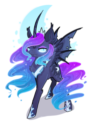 Size: 2100x2800 | Tagged: safe, artist:nutty-stardragon, nightmare moon, alicorn, bat pony, bat pony alicorn, pony, g4, curved horn, cutie mark background, female, high res, hoof shoes, horn, mare, solo, transparent background