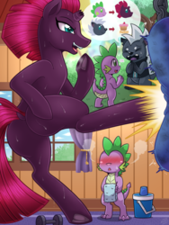 Size: 1000x1333 | Tagged: safe, artist:vavacung, grubber, spike, tempest shadow, dragon, hedgehog, pony, unicorn, comic:my life as a short dragon, g4, my little pony: the movie, blushing, broken horn, butt, comic, cupcake, dialogue, dock, dumbbell (object), female, food, frog (hoof), horn, kicking, male, mare, older, older spike, open mouth, pictogram, plot, punching bag, signature, sweat, sweatdrop, tempass, towel, underhoof, weights, workout