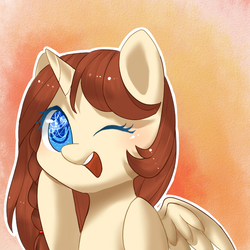 Size: 664x664 | Tagged: safe, artist:leafywind, oc, oc only, alicorn, pony, alicorn oc, bust, female, mare, one eye closed, open mouth, portrait, solo, wink