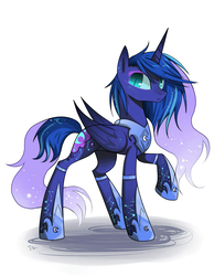 Size: 840x1080 | Tagged: artist needed, safe, princess luna, alicorn, pony, g4, alternate design, female, jewelry, looking at you, mare, raised hoof, simple background, slit pupils, solo, white background