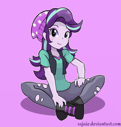Size: 1734x1825 | Tagged: safe, artist:rajaie, starlight glimmer, human, equestria girls, g4, beanie, blush sticker, blushing, clothes, crossed legs, female, hat, long hair, looking at you, pink background, simple background, sitting, smiling, solo, torn clothes